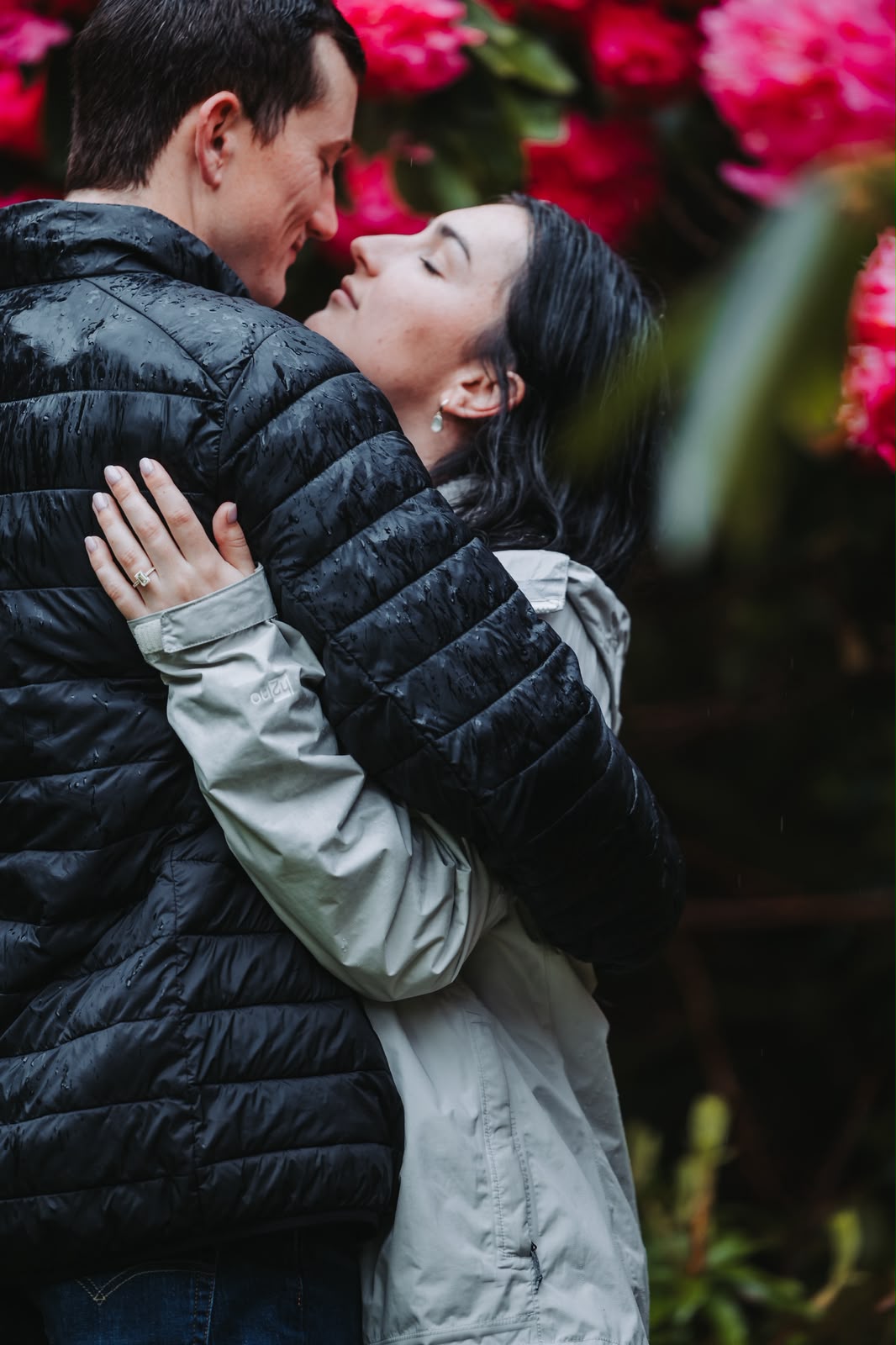Couple embracing in front of vivid pink rhododendrons